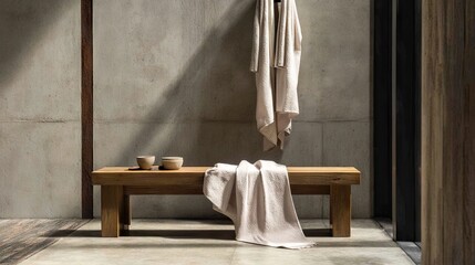 Minimalist wooden bench with towels and bowls in a serene modern interior setting