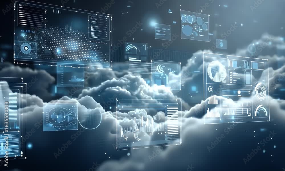 Poster a dynamic digital cloud background with floating icons and data points, representing the advanced te