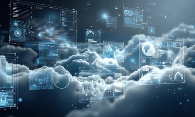 A dynamic digital cloud background with floating icons and data points, representing the advanced technology of modern cybersecurity systems - Powered by Adobe