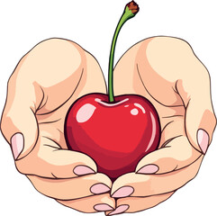 Vsai woman holding a ripe red cherry in her hands