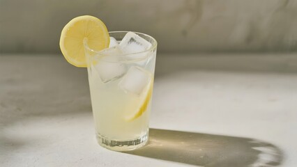 Refreshing lemonade with ice cubes and a lemon slice garnish, served in a clear glass on a light surface.