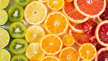Obraz premium Bright and Colorful Assortment of Fresh Citrus Fruits and Kiwi Creating a Healthy and Vibrant Still Life Composition