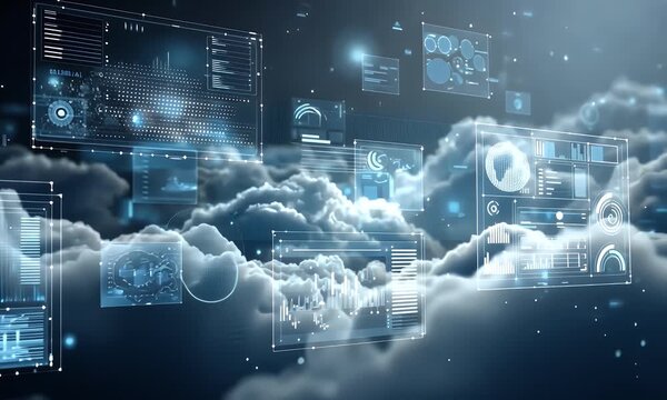 A dynamic digital cloud background with floating icons and data points, representing the advanced technology of modern cybersecurity systems