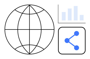 Globe outline, bar chart, nodes connected in a network. Ideal for global business, analytics, data sharing, communication, technology, social media simple landing page