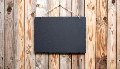 Empty slate sign on wooden wall