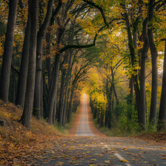 Obraz premium Scenic Tree-Lined Avenue in Warm Autumn Sunlight 