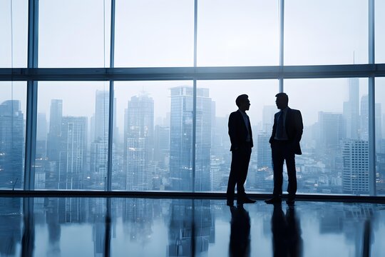 Two executives talking in modern office with city view background