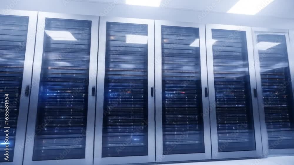 Poster data center server room interior with rows of blue lit racks in a clean white lit room offering clou
