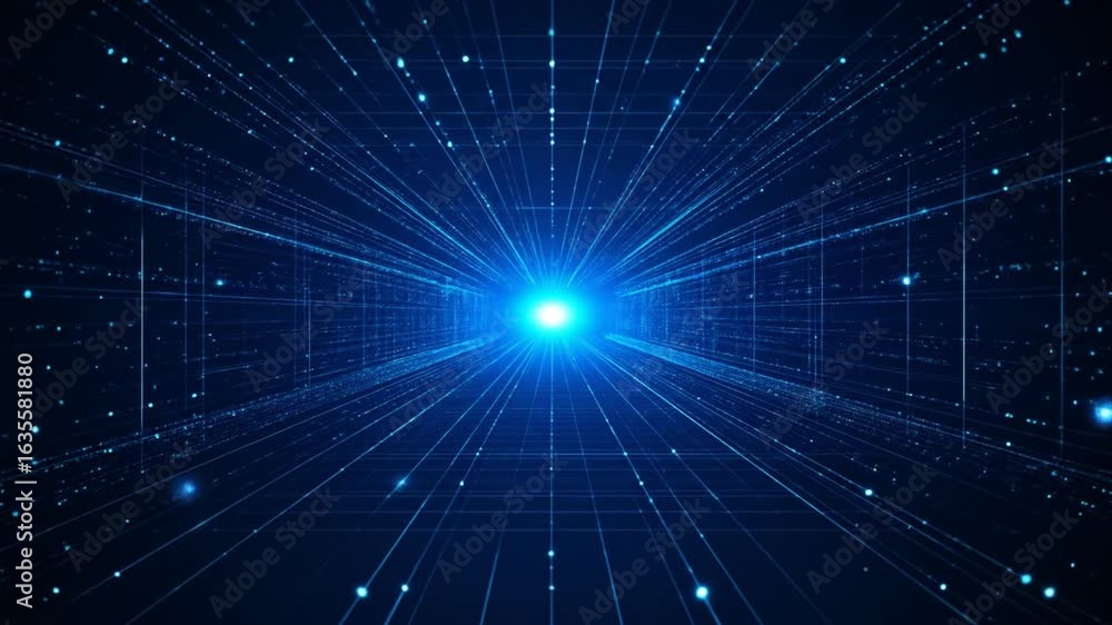Poster abstract blue digital data network tunnel with perspective grid structure geometric shapes light glo