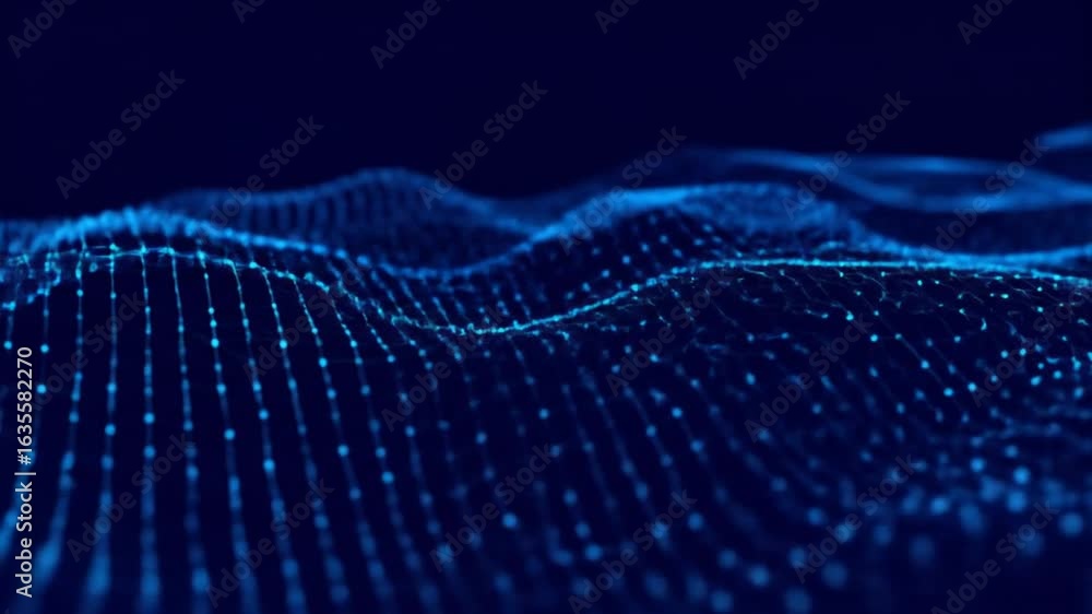 Poster abstract blue wavy network of connected dots forming a digital data structure against a dark backgro