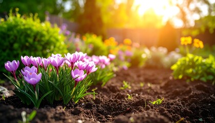 Spring flowers in a sunny garden
