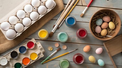 Overhead shot of craft station with brushes, paint, and half-painted eggs











