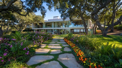 Obraz premium Contemporary Home Surrounded by Nature with Stone Pathway and Vibrant Flowerbeds a Blend of Modern Architecture and Natural Beauty