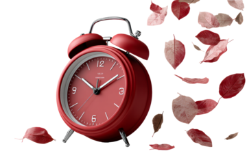 Red alarm clock with leaves, transparent bg