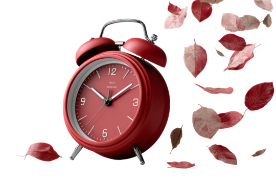 Red alarm clock with leaves, transparent bg