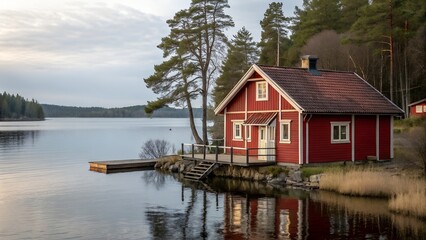 Fototapeta premium red house on the lake