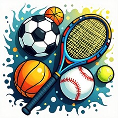 Obraz premium Collection of Sports Equipment Featuring Balls and Racquets in Dynamic Arrangement