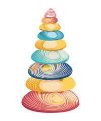 Colorful seashells stacked up in a balanced tower