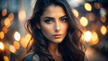 Fototapeta premium One glamourous woman with long, dark hair and striking makeup poses in a studio, her sensual gaze and bold lips exuding style and beauty