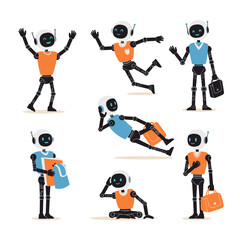 Fototapeta premium Collection of cartoon robots engaging in various fun and playful activities and poses demonstrating their versatility