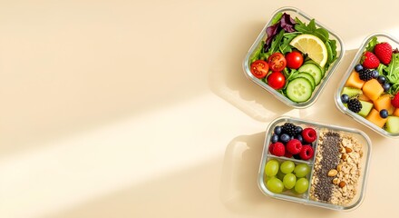Healthy meal prep with fresh vegetable salad, mixed berries, and oatmeal in glass lunch boxes on a beige background. Top view with copy space.