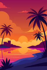 Vibrant tropical beach sunset with palm trees and calm water