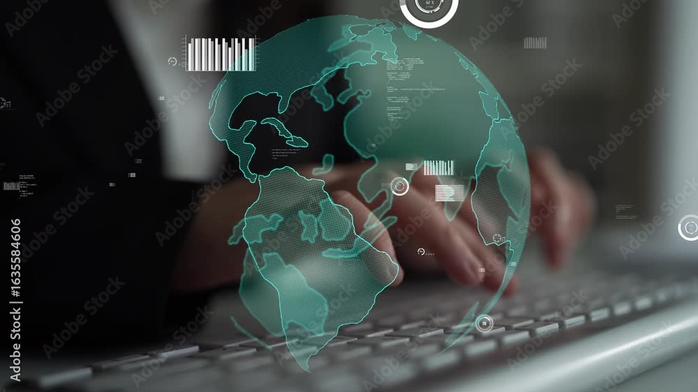 Poster a captivating representation of global connectivity showcases a user typing on a keyboard, with a di