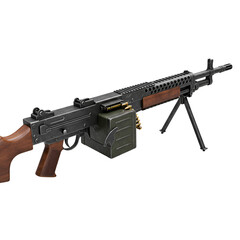 Realistic 3D Render of a Machine Gun with Metal and Wooden Details on Black