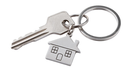 House key with keychain isolated on transparent background with metal ring