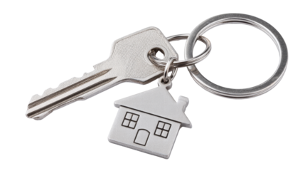 House key with keychain isolated on transparent background with metal ring