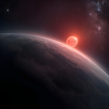 Realistic Cinematic View of Exoplanet Gliese with Red Dwarf Star and Deep Space