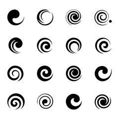 Collection of abstract black spiral shapes isolated on transparent background