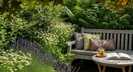 Serene Garden Retreat with Tea and Book on Bench