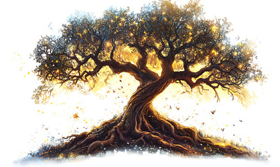 Highly detailed illustrations of various trees, leaves, grasses, and botanical elements, featuring realistic, minimalist, and abstract compositions on a white background.