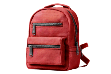 Stylish small red backpack with multiple zippers