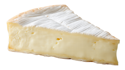 Soft cheese slice isolated on transparent background with creamy texture and white rind