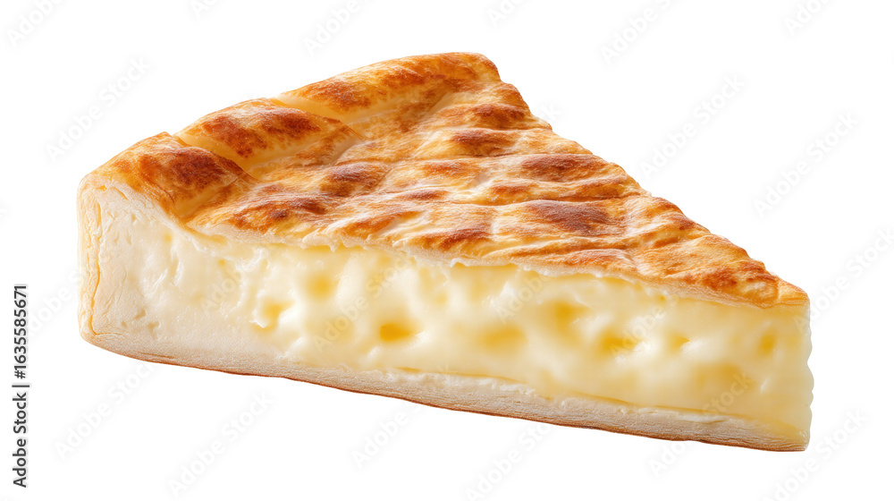 Poster creamy cheese pie slice isolated on transparent background with soft texture and golden crust