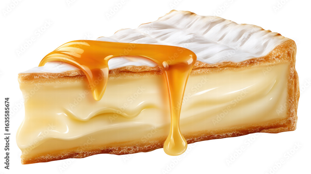Poster cream pie slice isolated on transparent background with caramel sauce dripping on top