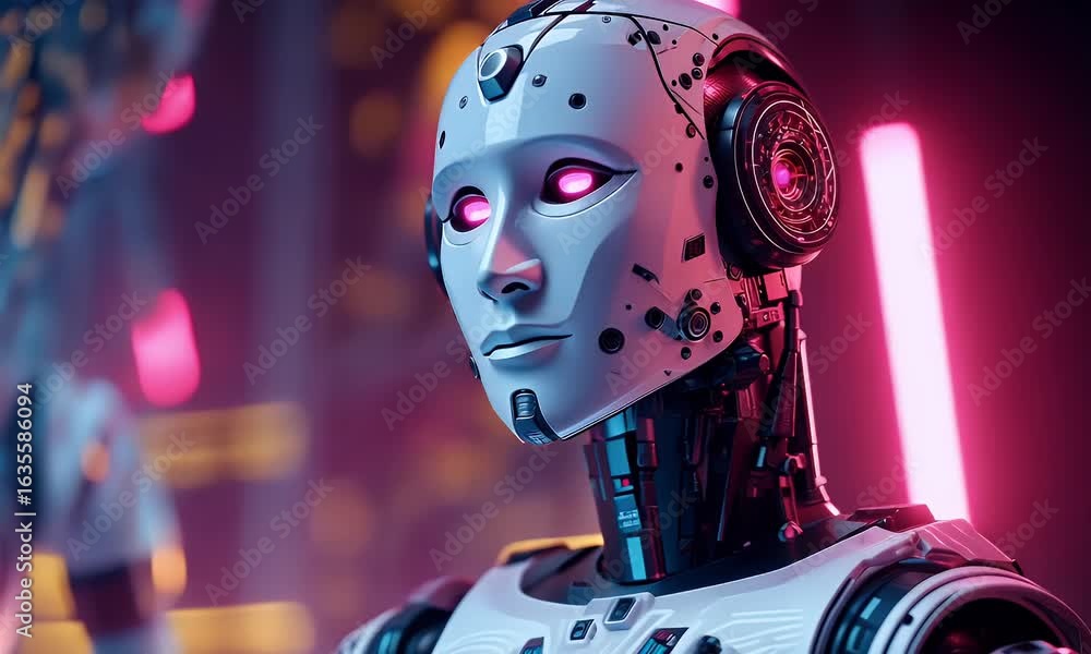 Poster a futuristic robot with glowing eyes stands in front of an array of digital screens displaying color