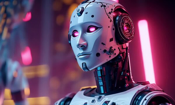 
A futuristic robot with glowing eyes stands in front of an array of digital screens displaying colorful data and code, symbolizing the advanced technology