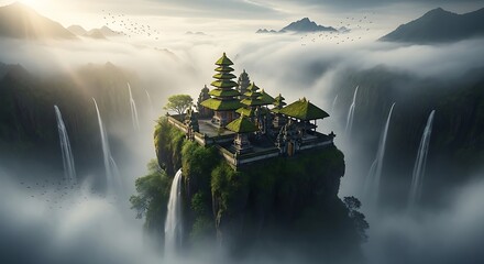 Mystical Pura Luhur Lempuyang Temple at Sunrise, Bali, Indonesia with Waterfalls and Mist