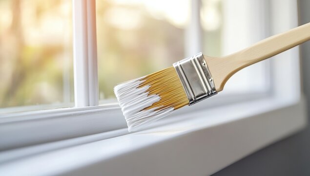 A close-up of a paintbrush applying white paint to a window frame, showcasing a home improvement project with soft lighting in the background.