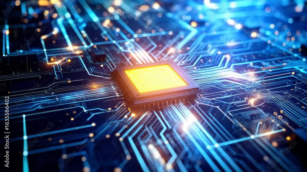 Poster Illuminated Central Processing Unit on a Blue Circuit Board Highlighting Advanced Technology and Data Connectivity in Detailed Close Up