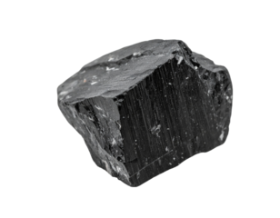 A natural volcanic basalt rock, with a rugged, uneven surface and a deep gray-black color, isolated on a white background.
