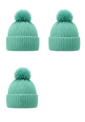 Realistic Illustration of Three Teal Knitted Beanies with Pompoms on Transparent Background