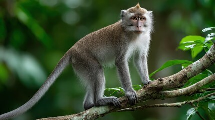 Obraz premium Playful Monkey Perched on a Branch Surrounded by Lush Green Leaves in a Vibrant Tree Canopy Capturing the Essence of Wildlife and Nature's Beauty