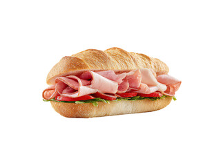 Delicious ham and lettuce sub sandwich on crusty roll, Isolated On White Background, Png Transparent
