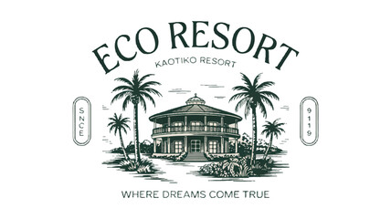 Fototapeta premium Vintage Eco Resort Logo with Palm Trees and Circular Design hotel vacation