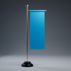 Realistic 3D Rendered Blank Blue Flag Displaying Advertising Information Against Gray Background