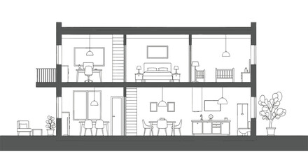 Architectural section drawing showcasing interior spaces and building structure across multiple levels